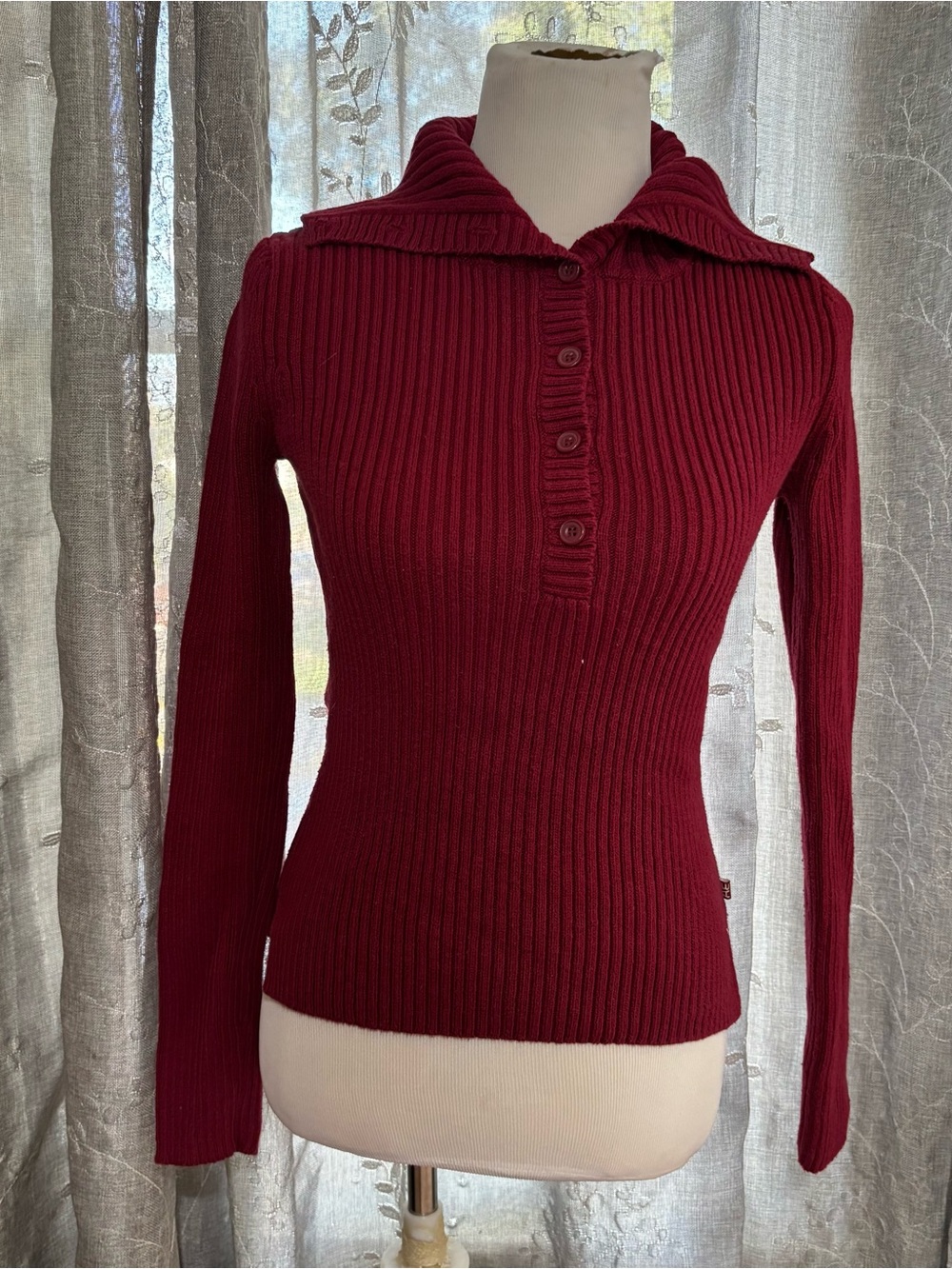 Y2K American Eagle Ribbed Polo-Button Sweater - Burgundy